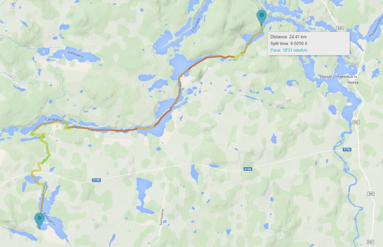 Reitti kokonaisuudessa. Lähtö siis Taipaleesta ja lopetus Jatkon vanhalle savottakämpälle.